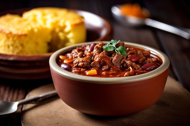 A bowl of chili with cornbread in the background