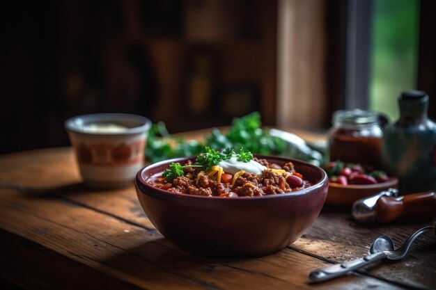 A bowl of chili with a jar of sauce in the background.