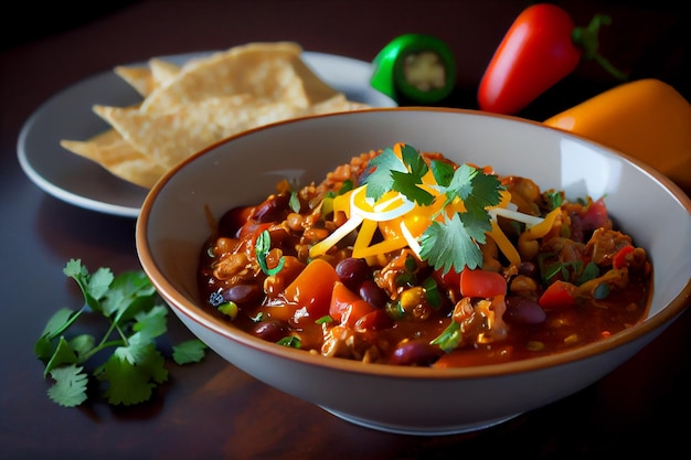 A bowl of chili with a plate of tortilla chips on the side.