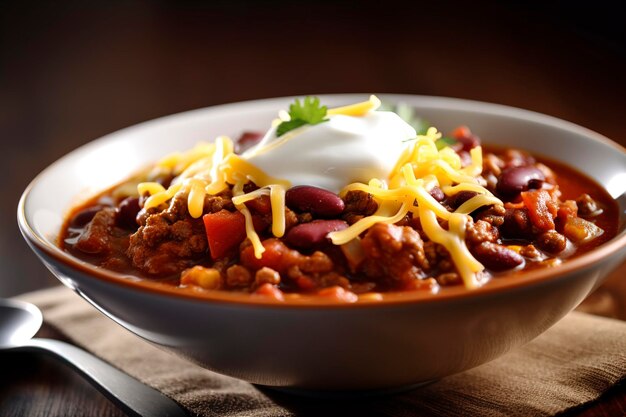 Photo a bowl of chili with sour cream and cheese