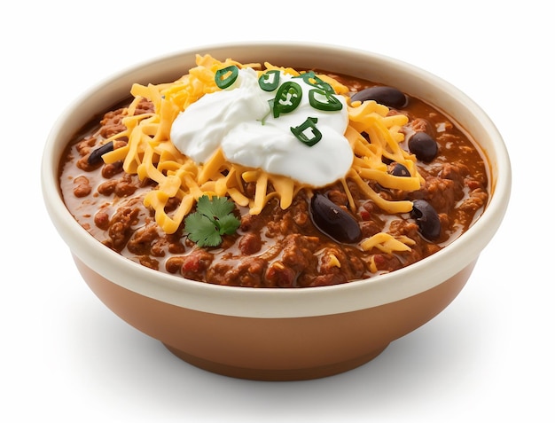 A bowl of chili with sour cream and cilantro on top.