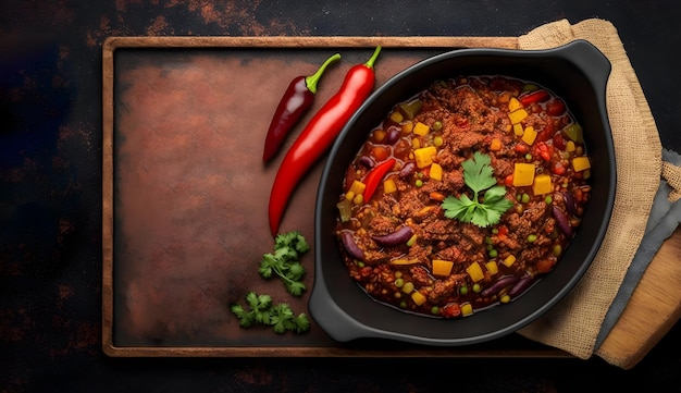 A bowl of chili with a spoon next to it