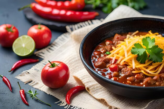 a bowl of chili with a tomato on the table