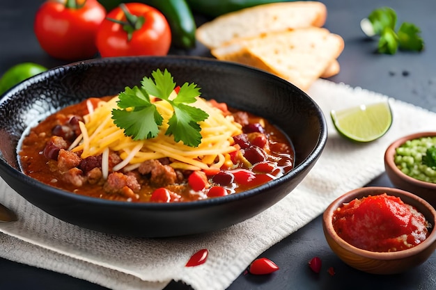 a bowl of chili with tomatoes and cheese on a table