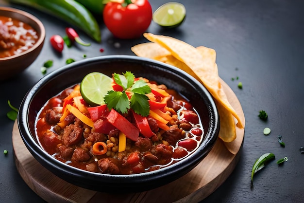 Photo a bowl of chili with vegetables and salsa on a black background.