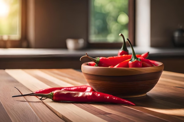 A bowl of chilies sits on a wooden table.