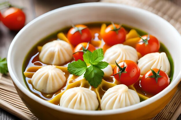 A bowl of chinese dumplings with a green leaf on top