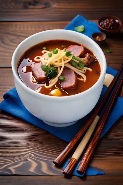 A bowl of chinese food with a blue napkin next to it.