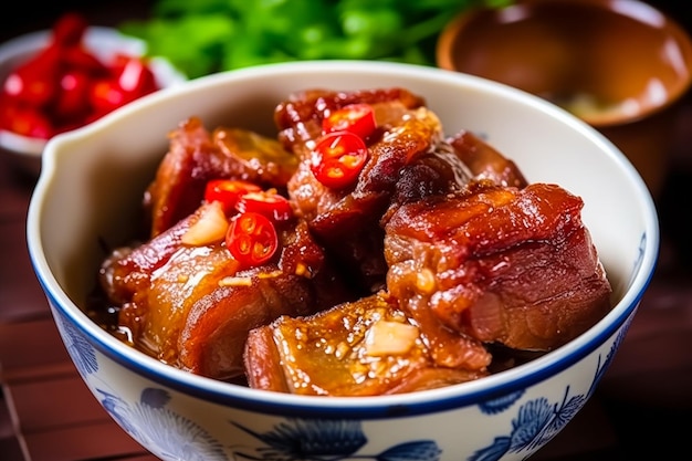 A bowl of chinese food with a blue and white bowl with red chilli on the side.