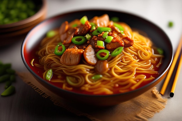 A bowl of chinese noodles with a red sauce and green onions on top.