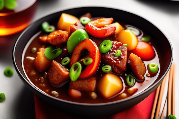 A bowl of Chinese sweet and sour pork stew with green onions and red sauce