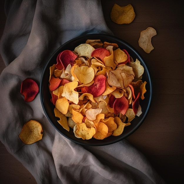 A bowl of chips and chips with a white cloth on the table.