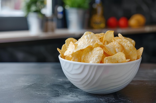 A bowl of chips on a table in a kitchen area of a restaurant or bar with a blurred background