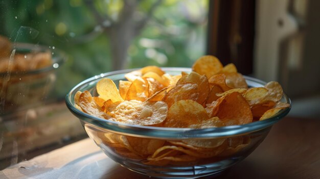 A bowl of chips on a table