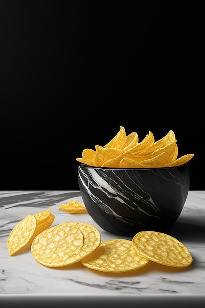 A bowl of chips with a black marble top and a black marble top.