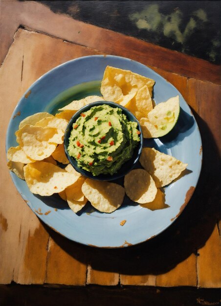 a bowl of chips with a bowl of guacamole and a bowl of chips