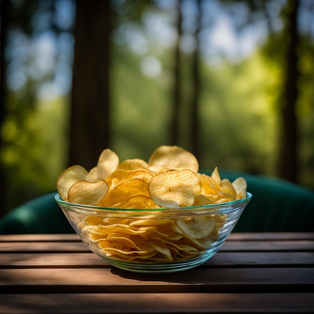 bowl of chips on wood background illustration images