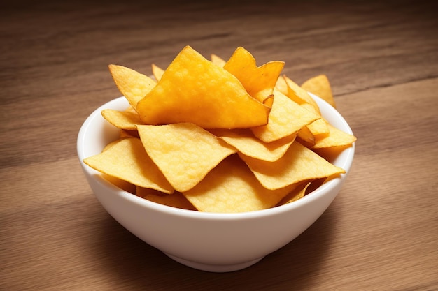 A bowl of chips on a wooden table