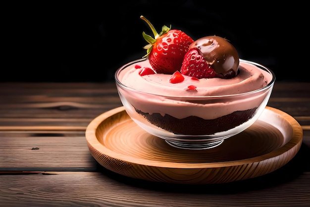 A bowl of chocolate cake with strawberries on top