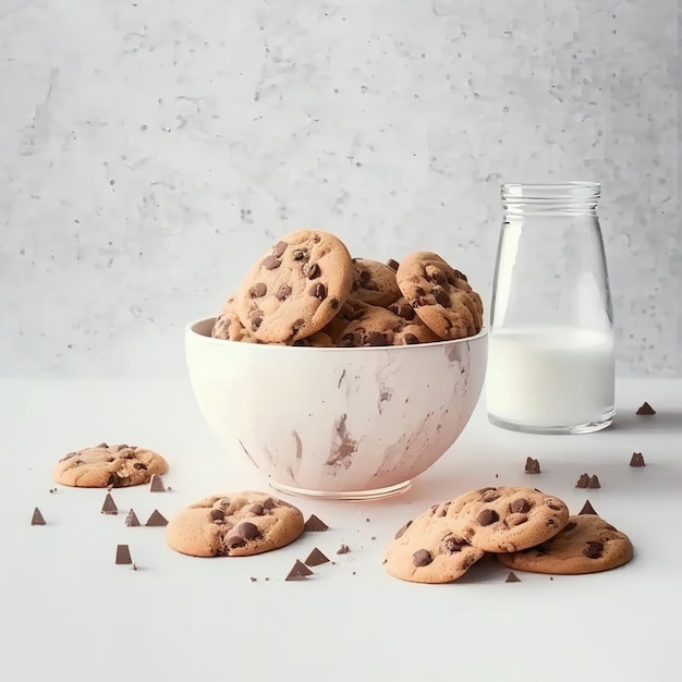 A bowl of chocolate chip cookies with a glass of milk