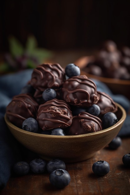 A bowl of chocolate covered peanut butter balls with blueberries in the background.