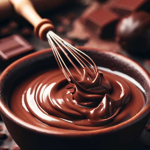 A bowl of chocolate cream with a whisk in it.