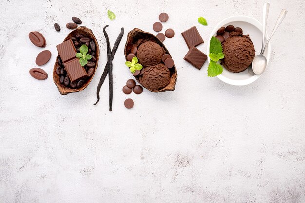 Bowl of chocolate ice cream  flavours with dark chocolate up on white concrete background