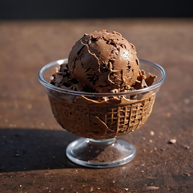 a bowl of chocolate ice cream sits on a table