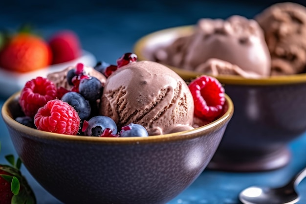 A bowl of chocolate ice cream with berries on top