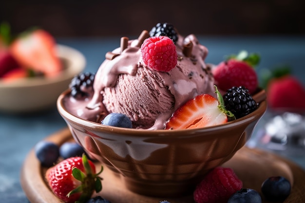 A bowl of chocolate ice cream with berries on top