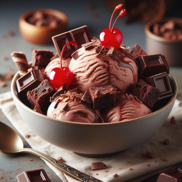 A bowl of chocolate ice cream with brownie chunks