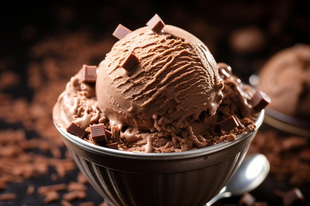 側面にチョコレート チップが入ったチョコレート アイス クリームのボウル。
