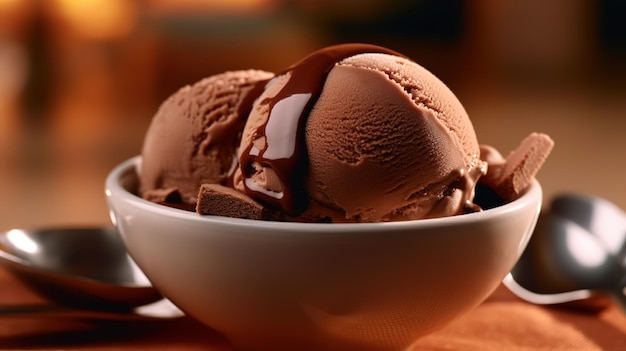 A bowl of chocolate ice cream with a chocolate sauce drizzled over it.