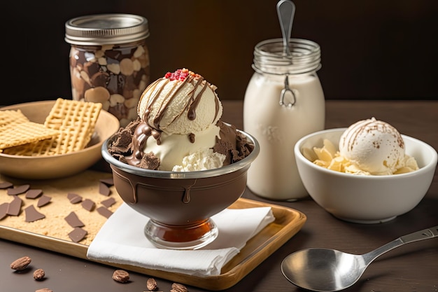 Bowl of chocolate ice cream with hot chocolate sauce dripping