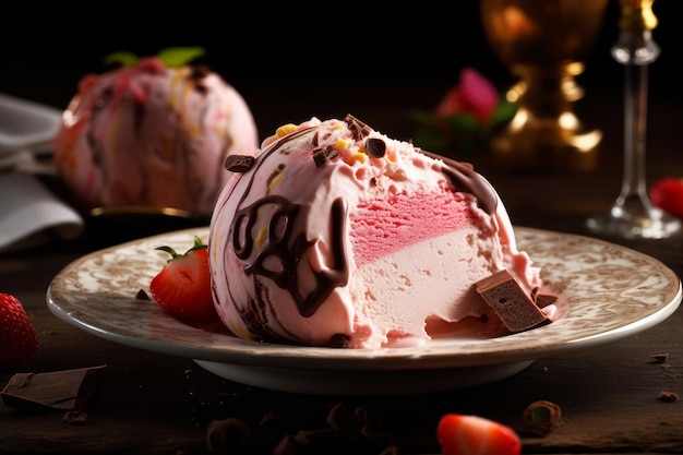 A bowl of chocolate ice cream with raspberries and chocolate chips on the side