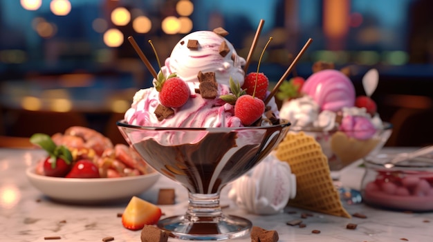 A bowl of chocolate ice cream with strawberries and chocolate on top.