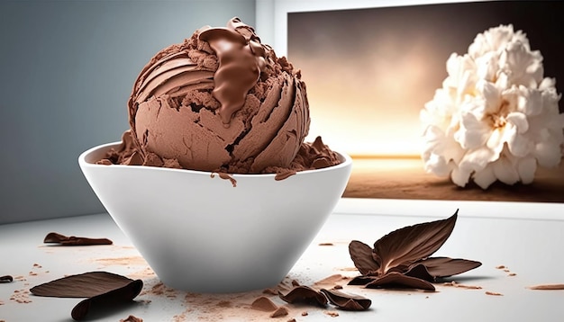 A bowl of chocolate ice cream with a tv in the background