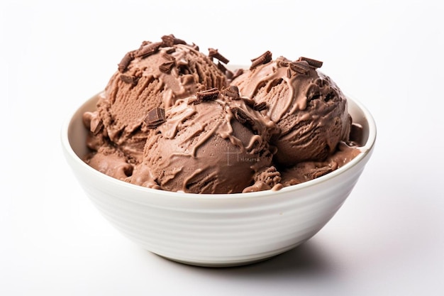 a bowl of chocolate ice cream with a white background.