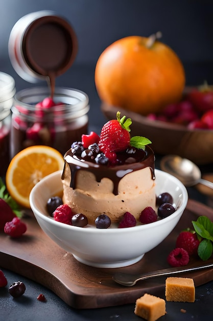 A bowl of chocolate mousse with a spoonful of fruit on top
