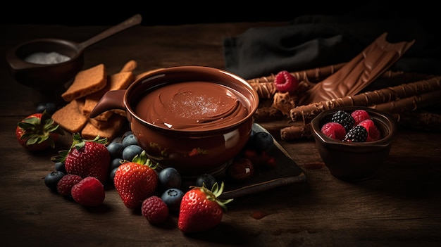 A bowl of chocolate sauce with berries and a bowl of chocolate sauce