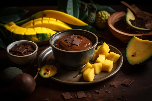 A bowl of chocolate sauce with chocolate on a table next to a bunch of fruit.