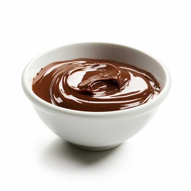 a bowl of chocolate sauce with a white background