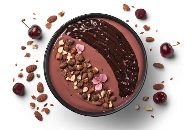 A bowl of chocolate smoothie with a few almonds on it.