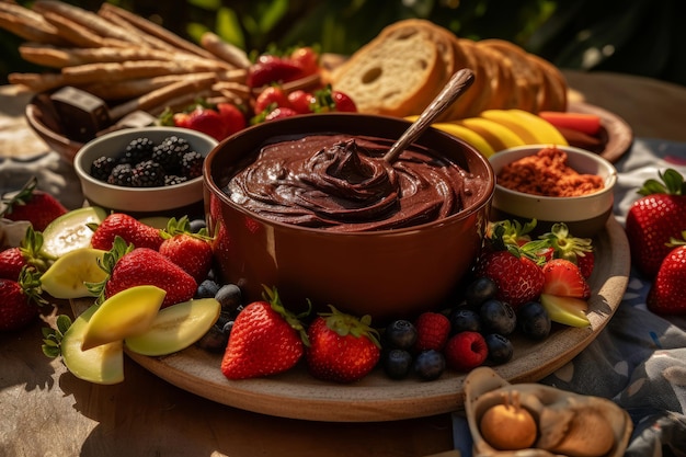 A bowl of chocolate spread with fruit and nuts on a platter.