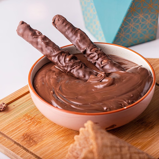 A bowl of chocolate sticks are on a wooden cutting board.