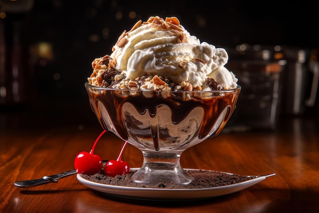 チョコレートの霧雨とチェリーが上に乗ったチョコレート サンデーのボウル。