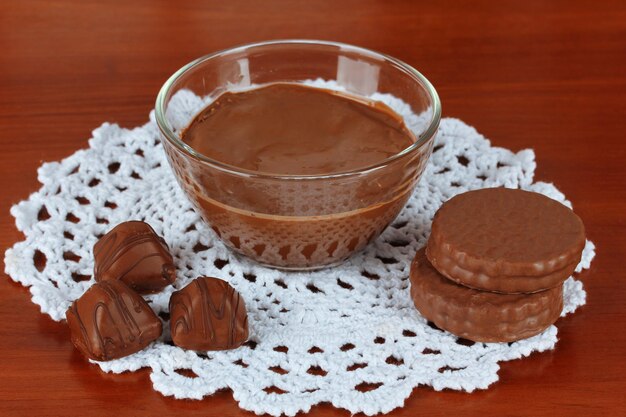 Bowl of chocolate and sweets on wooden background