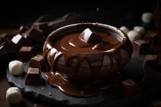 A bowl of chocolate with a bowl of melted chocolate and a few small pieces of chocolate.