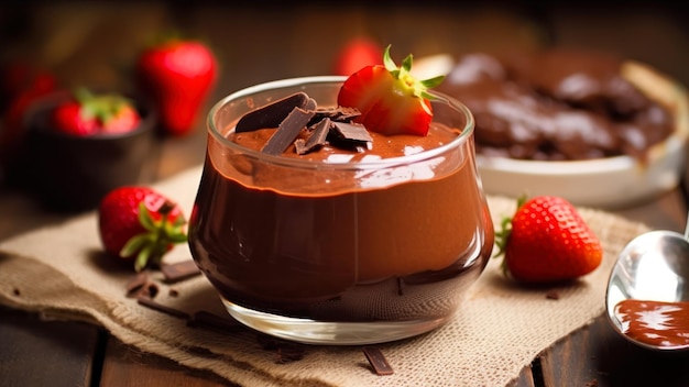 A bowl of chocolate with a strawberry on top