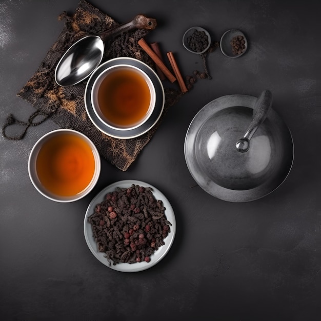 A bowl of chocolates and a bowl of tea sit on a table.